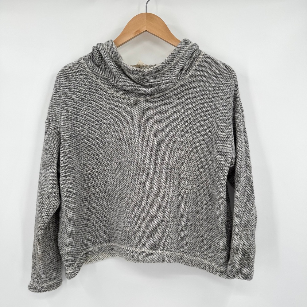 Eileen Fisher Womens Grey/White‎ Cotton Funnel Neck Textured Hooded Sweater XS